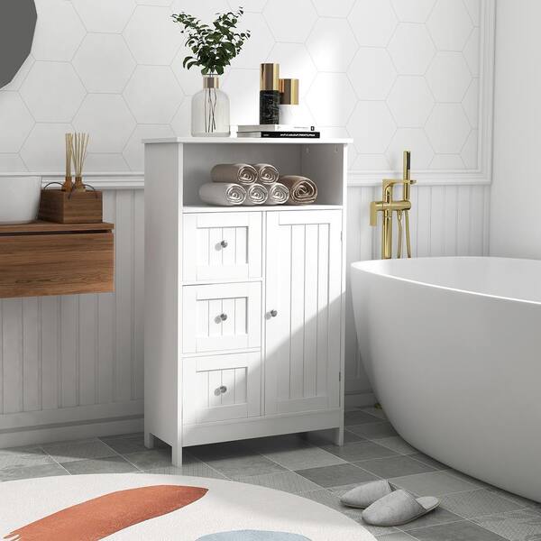 Nestfair 23.62 in. W x 11.8 in. D x 39.57 in. H White Bathroom Standing Storage Linen Cabinet with 3 Drawers and 1 Door