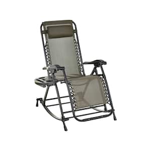 Outdoor Wicker Foldable Reclining Zero Gravity Lounge Outdoor Rocking Chair with Pillow, Cup and Phone Holder in Gray
