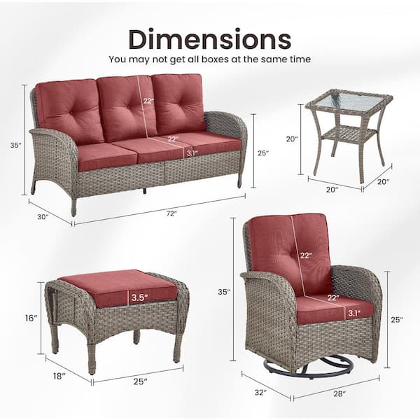 SleekArm 6-Piece Gray Wicker Patio Conversation Set with Olefin Red Cushions Sofa/Patio Swivel Glider Chairs