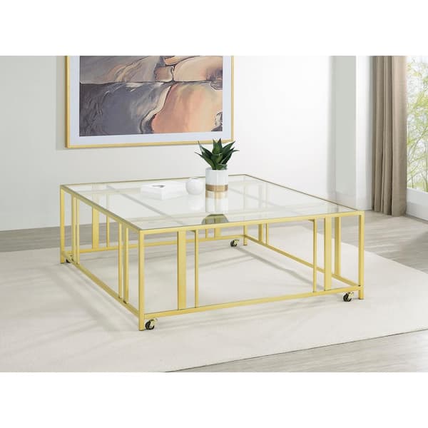 Coaster Adri 47.25 in. Matte Brass Square Glass Top Coffee Table with Metal Frame