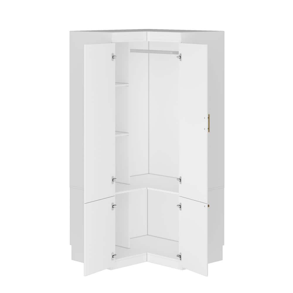 White Wood 35.4 in. W 4-Door Corner Wardrobe Armoires with Hanging Rod, Storage Shelves 74.2 in. H x 35.4 in. D - thumbnail 3