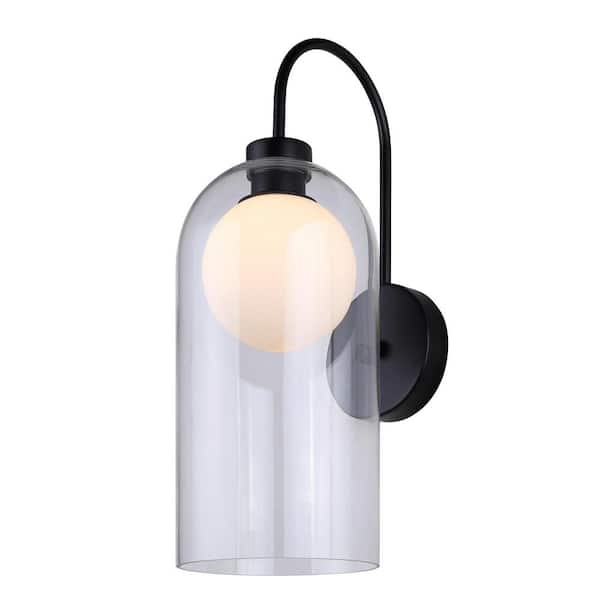 CANARM Pelia 7 in. 1-Light Black Wall Sconce with Clear and Flat Opal Glass Shade
