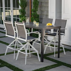 Naples 5-Piece Aluminum Outdoor Dining Set with 4 Swivel Bar Chairs and a Glass-Top Bar Table in White/Gray