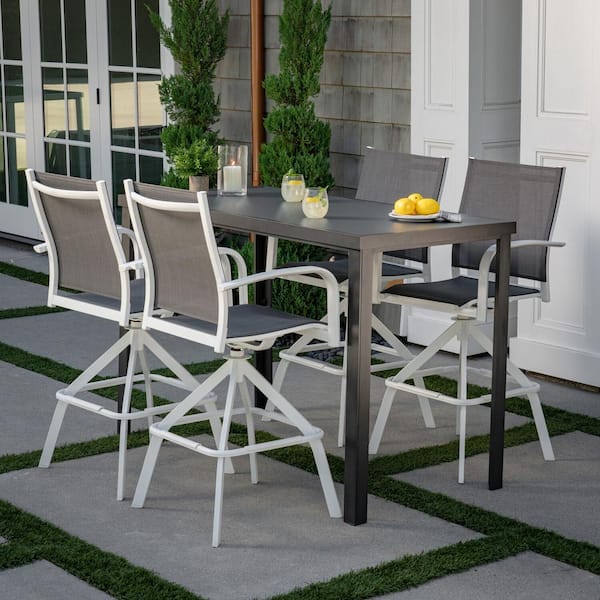 Hanover Naples 5-Piece Aluminum Outdoor Dining Set with 4 Swivel Bar Chairs and a Glass-Top Bar Table in White/Gray