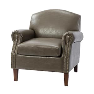 Gianluigi Grey Vegan Leather Armchair with Rolled Arms and Nailhead Trim