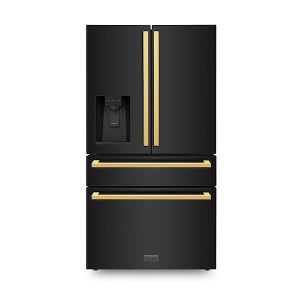 ZLINE Kitchen and Bath Autograph Edition 36 in. 4-Door French Door Refrigerator with Ice and Water Dispenser in Black Stainless Polished Gold