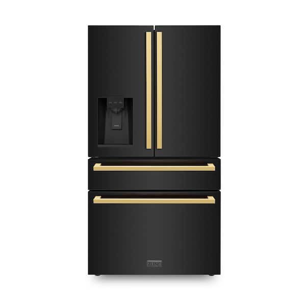 ZLINE Kitchen and Bath Autograph Edition 36 in. 4-Door French Door Refrigerator w/ Ice and Water Dispenser in Black Stainless and Polished Gold