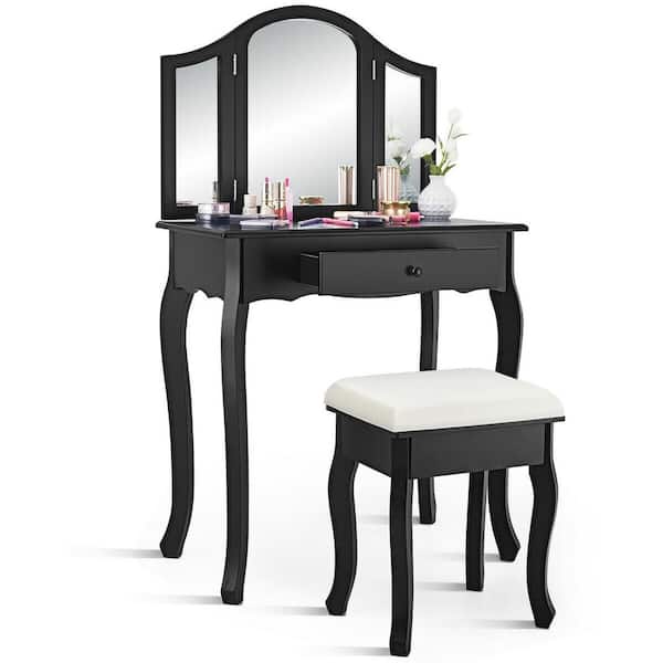 Costway 2 Piece Black Tri Folding, Black Vanity Set With Lighted Mirror And Stool