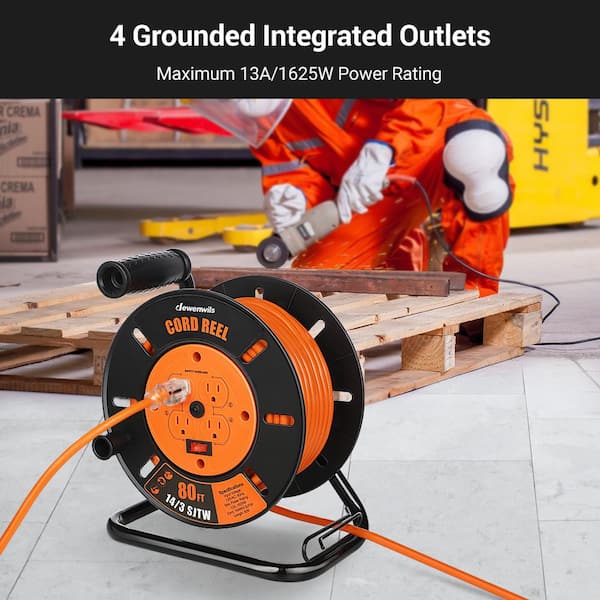 DEWENWILS Heavy Duty Hand Wind 100 ft. 14/3,16/3 Gauge 10Amp Retractable Extension  Cord Reel with 4 Grounded Outlets HCRB00E - The Home Depot