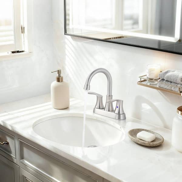 4 in. Centerset Double Handle 3 Holes High Arc Bathroom Faucet with Pop-Up Drain in Brushed Nickel