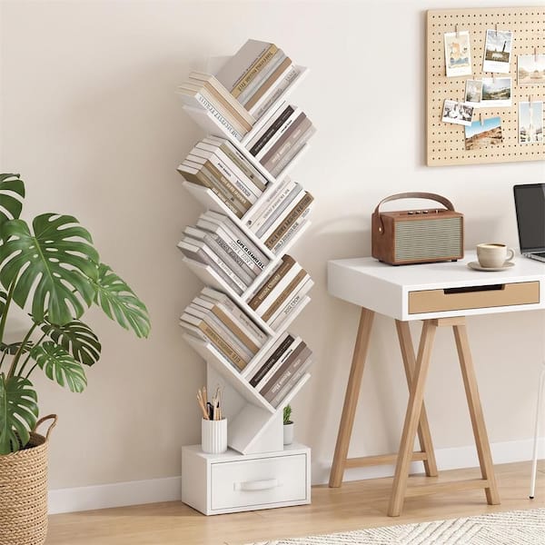 15 in. Wide White 10-Tier Tree Bookshelf with Drawer Free-Standing Bookcase Storage Shelf