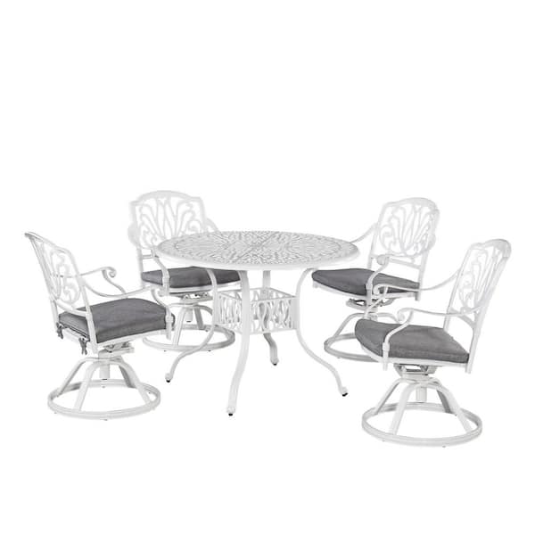 HOMESTYLES Capri White 5-Piece Cast Aluminum Round Outdoor Dining Set with Gray Cushions