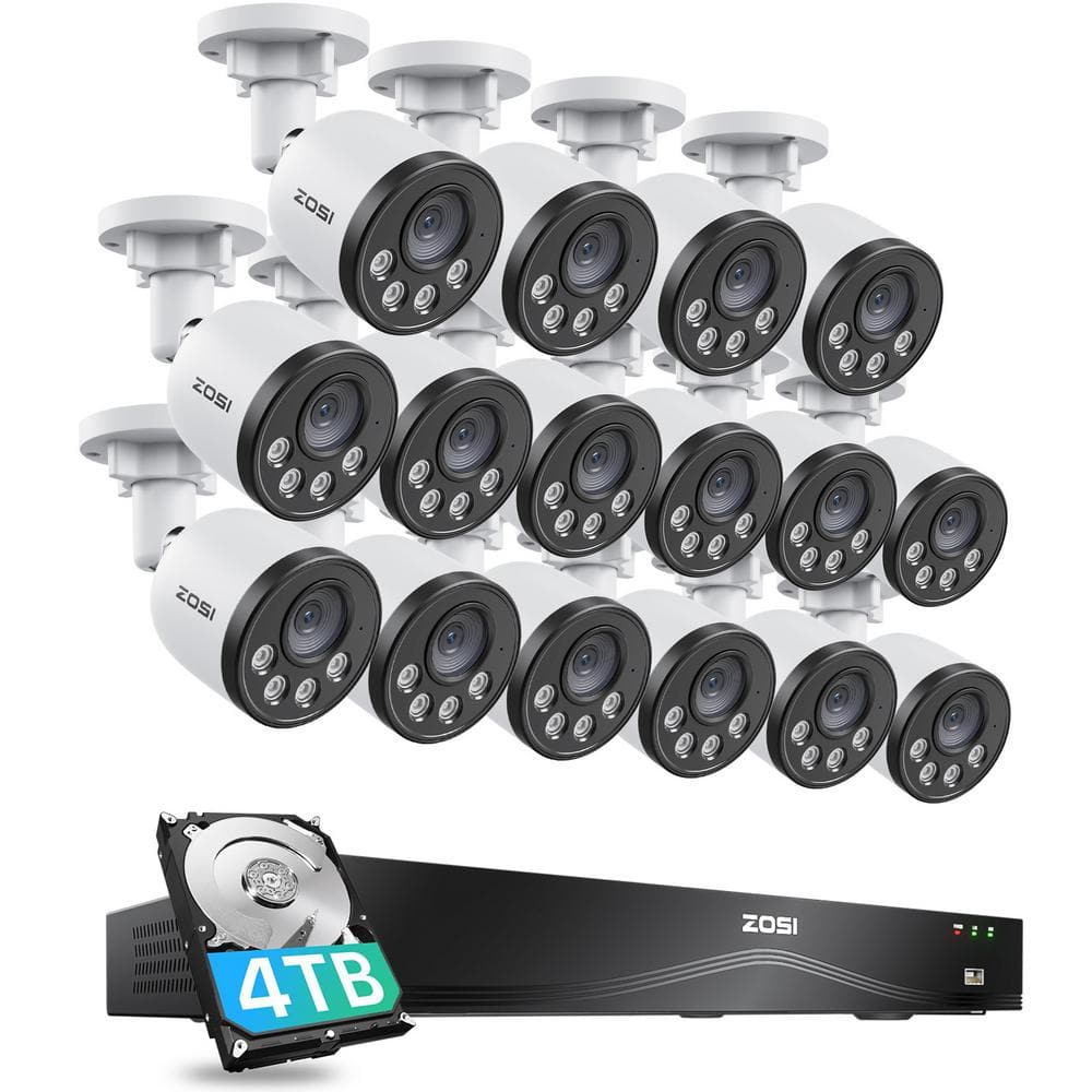 ZOSI 16-Channel(Up to 32CH) POE 4TB Home Security System and 16 Wired 4MP Outdoor Surveillance Cameras, Dual-Disk Backup