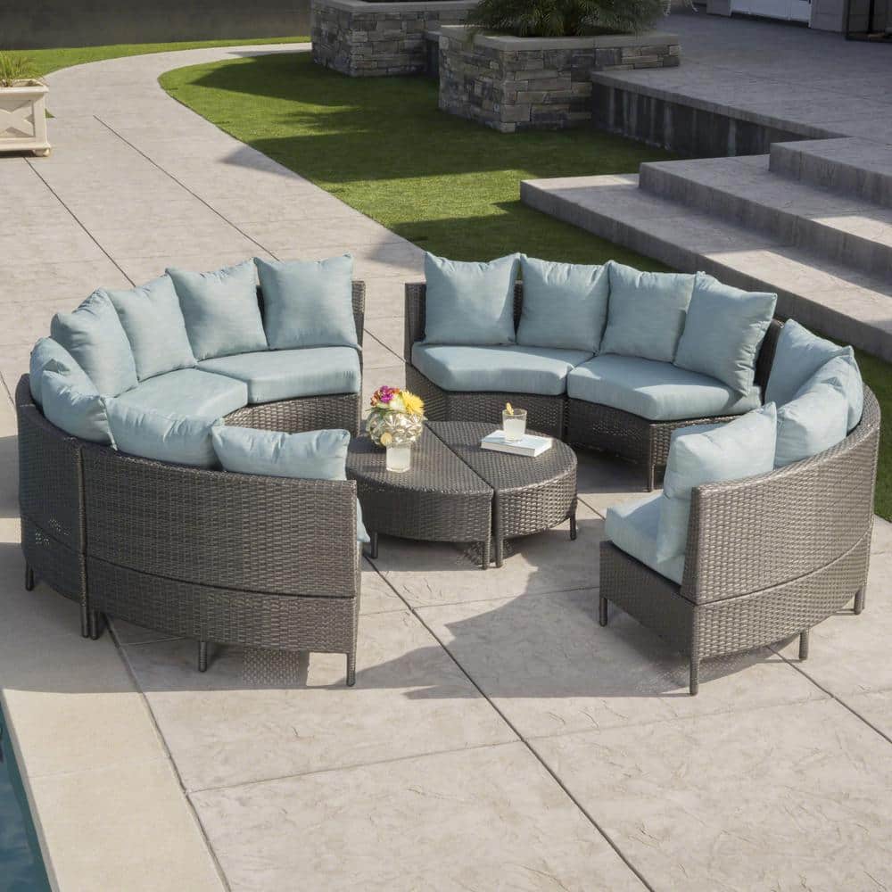 Gray Iron 8-Seater Round Wicker Sectional Sofa with Teal Cushions