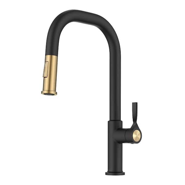 Torak Spot Free Brushed Brass/Matte Black 16.25 in. H Pull Down Sprayer Kitchen Faucet with 360° Spout Swivel