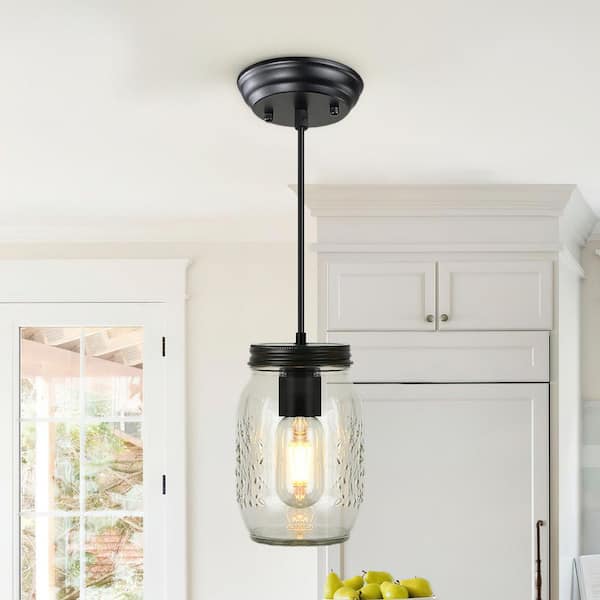 1-Light Black Farmhouse Mason Jar Pendant Light with Adjustable Height for Kitchen Island