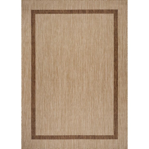 Waikiki Beige/Brown 5 ft. x 7 ft. Bordered Indoor Outdoor Area Rug