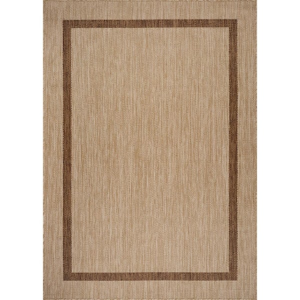 Waikiki Beige/Brown 9 ft. x 12 ft. Bordered Indoor Outdoor Area Rug