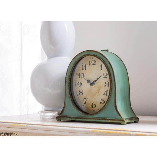 Distressed Aqua Metal Mantel Clock with Wooden Base