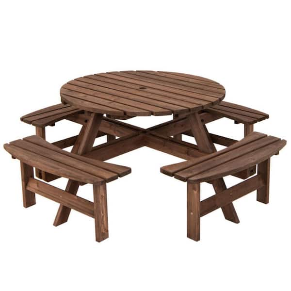 Clihome 8-Person Fir Wood Patio Outdoor Dining Picnic Table Bench Set 2000 lbs. Capacity with 2 in. Umbrella Hole
