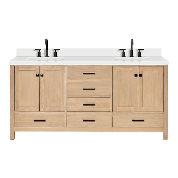 Cambridge 72 in. Double Sink Freestanding Bathroom Vanity in Oak with Pure White Quartz Top