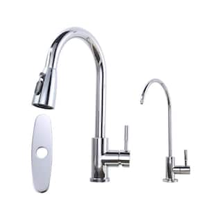 Single Handle Pull Down Sprayer Kitchen Faucet with Drinking Water Faucet in Stainless Steel Polished Chrome