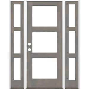 60 in. x 96 in. Modern Hemlock Right-Hand/Inswing 3-Lite Clear Glass Grey Stain Wood Prehung Front Door with Sidelites