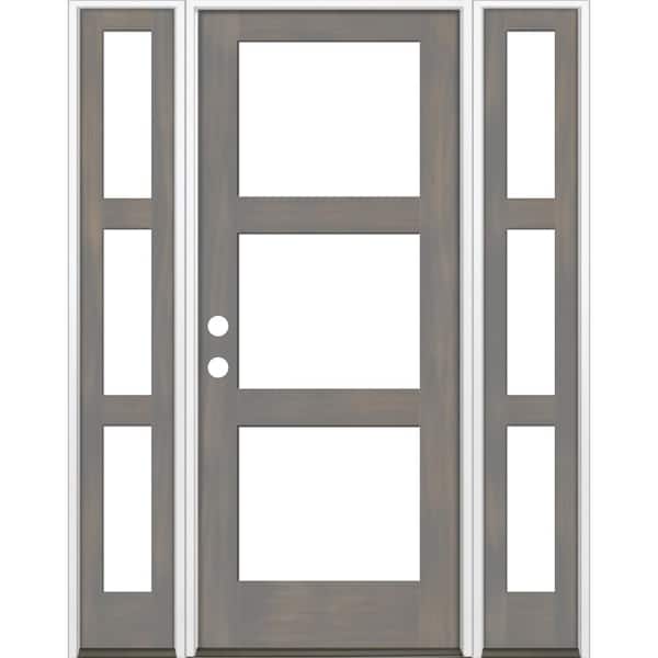 Krosswood Doors 64 in. x 96 in. Modern Hemlock Right-Hand/Inswing 3-Lite Clear Glass Grey Stain Wood Prehung Front Door with Sidelites