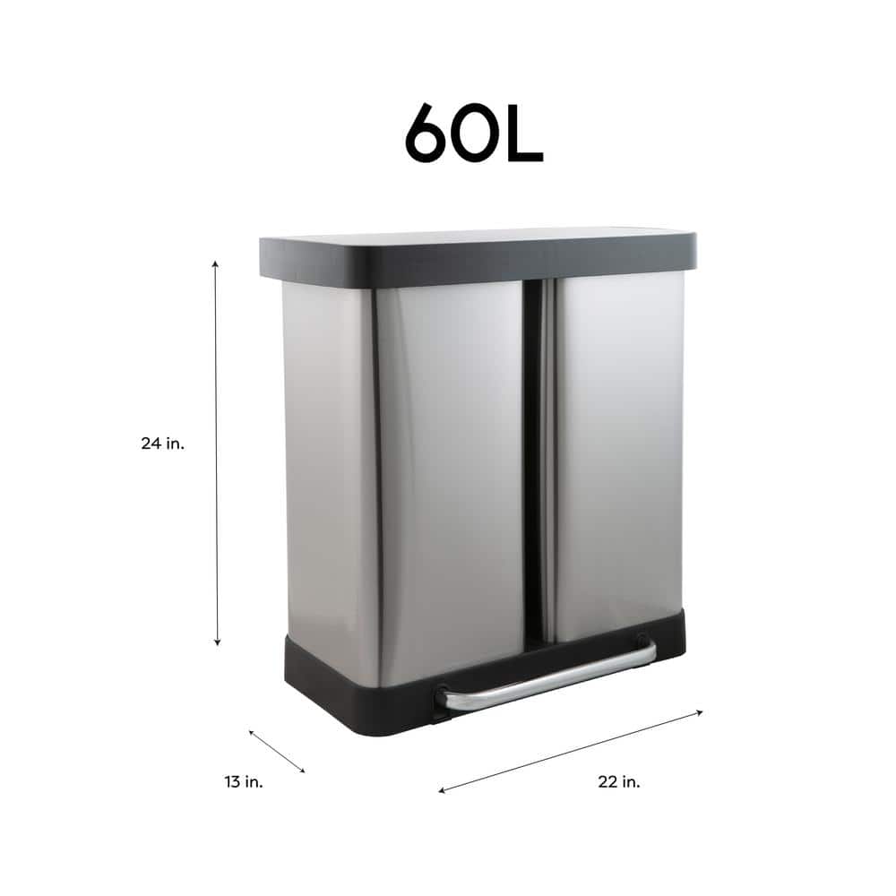 60L Stainless Steel Dual Compartment Kitchen Recycling Bin
