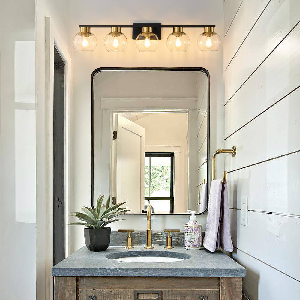 37.43 in. Black and Gold 5-Light Vanity Light with Glass Shades