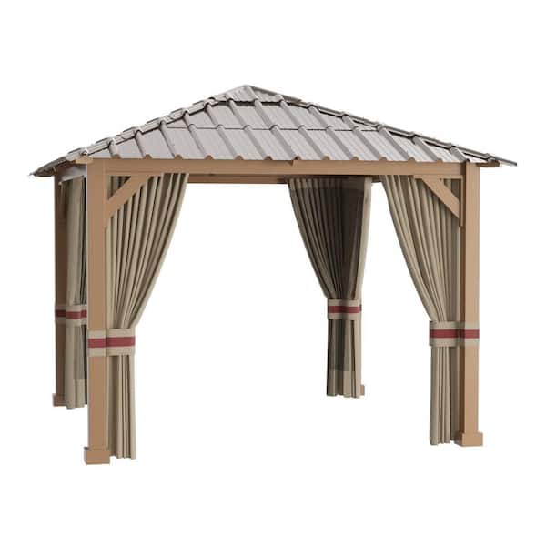 Halmuz 10 ft. x 10 ft. Brown Imitation Wooden Hardtop Gazebo with Mosquito Netting and Curtains