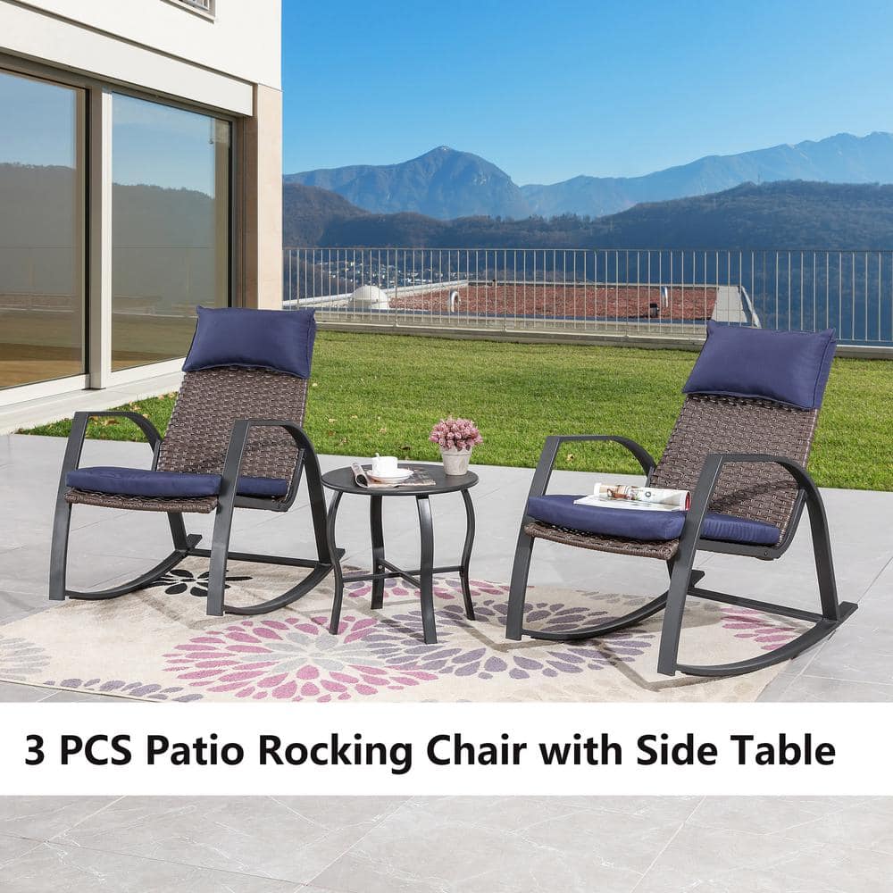 Modern Black Galvanized Steel Rocking Bistro Set with Blue Cushions