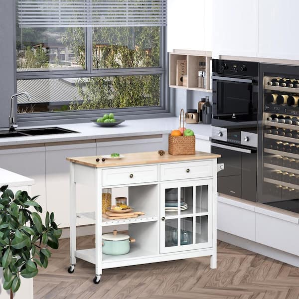 Lycvki White Wood 45.8 in. Kitchen Island with Adjustable Shelf, Towel Rack, 2 Drawers