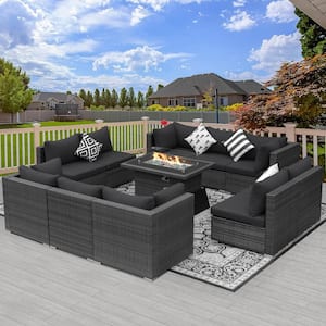 Eden Gray 10-Seat 11-Piece Wicker Patio Fire Pit Deep Seating Sofa Set with Gray Cushions and 43 in. Long Firepit Table