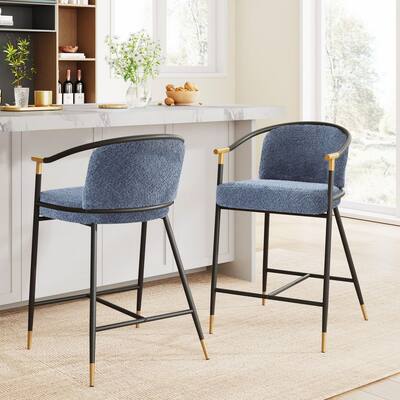 Brellix 26 in. Modern Boucle Fabric Upholstered Counter Stools with Metal Frame, Navy Blue + Black + Gold, Set of 2