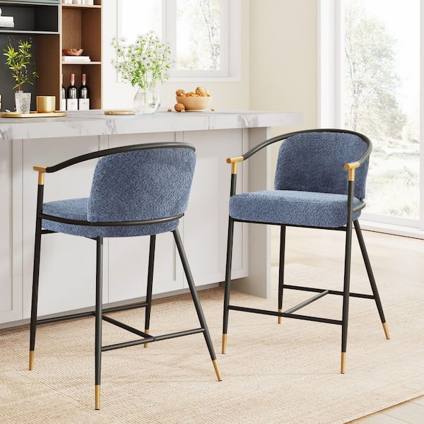 CHRISTOPHER KNIGHT HOME Brellix 26 in. Modern Boucle Fabric Upholstered Counter Stools with Metal Frame, Navy Blue + Black + Gold, Set of 2