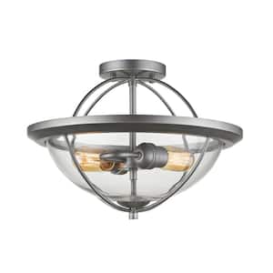 Persis 15 in. 2-Light Old Silver Semi Flush Mount Light with Clear Glass Shade with No Bulbs Included