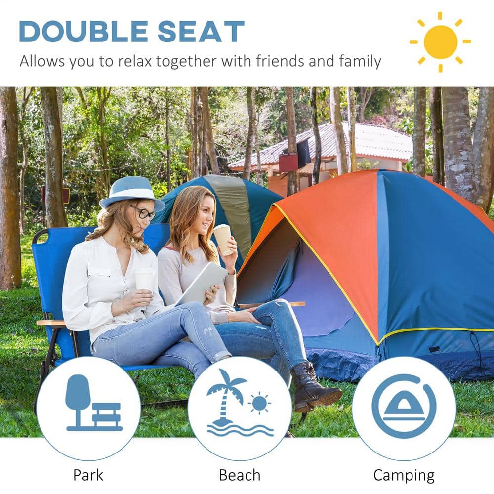Blue Folding Double Camping Chair with Wood Armrests