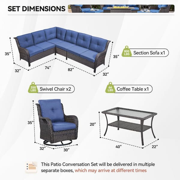 5-Piece Brown Wicker Patio Conversation Set with Olefin Blue Cushion/L-Shaped Sofa with Coffee Table/Swivel Patio Chairs