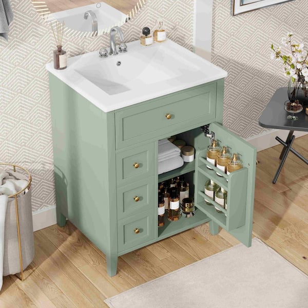 24 in. Freestanding Green Bath Vanity with White Ceramic Top, 3-Drawers and Adjustable Shelves