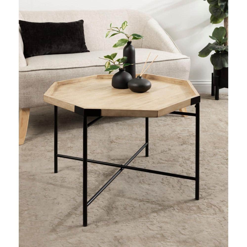 Natural Octagon Wood and Metal Coffee Table, 28x26x18