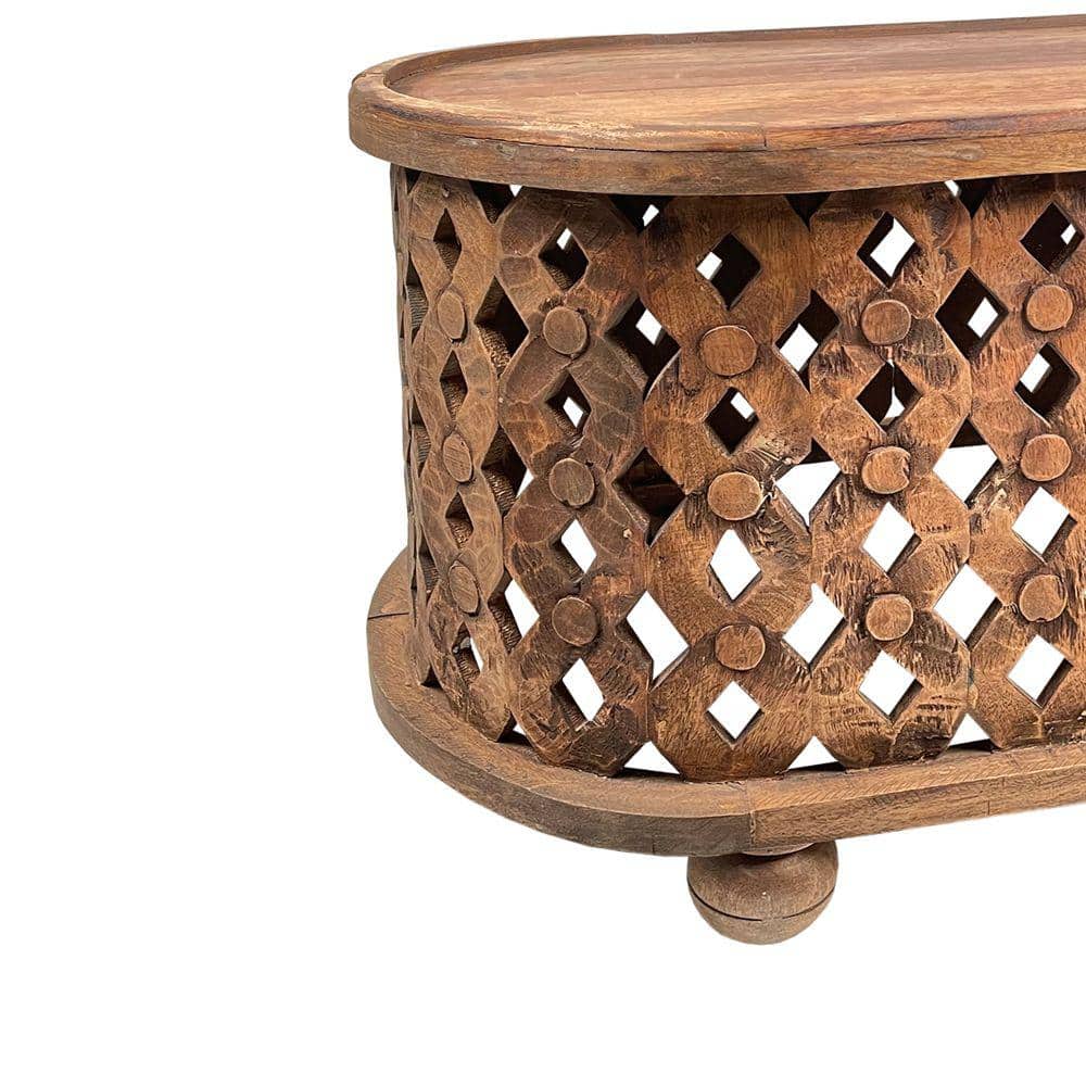 Antique Brown Oval Mango Wood Coffee Table with Cutout Design