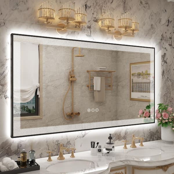 55 in. W x 30 in. H Rectangular Framed Checkerboard LED Lighted Anti-Fog Tempered Glass Wall Bathroom Vanity Mirror