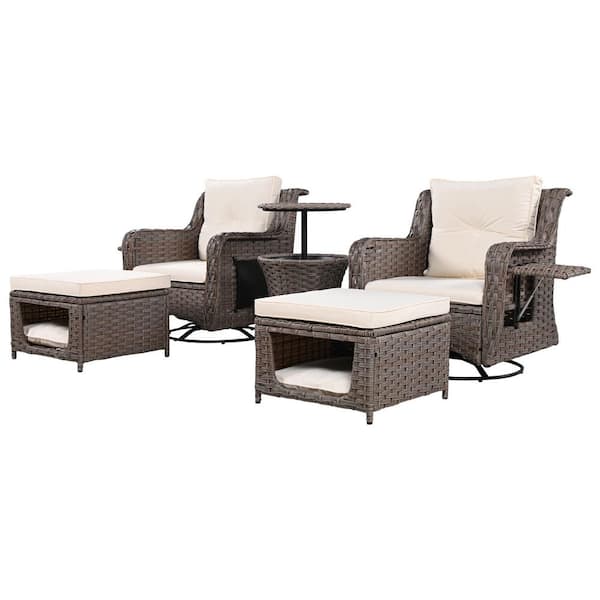 Unbranded 5-Piece Handwoven Rattan Wicker Patio Conversation Set Swivel Rocking Chairs Set with Beige Cushions and Ottomans