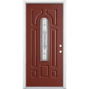 36 in. x 80 in. Providence Center Arch Red Bluff Left Hand Painted Smooth Fiberglass Prehung Front Door w/ Brickmold