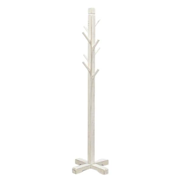 Rena Rustic White Hat and Coat Rack Stand with 8-Wood Hooks