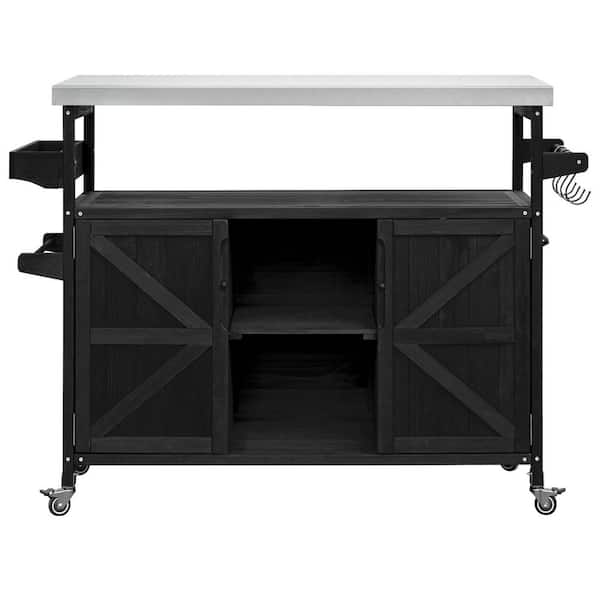 EPIPHANY DOUBLED INC Farmhouse Black Wood Rolling Outdoor Bar Cart Kitchen Island with Stainless Steel Top
