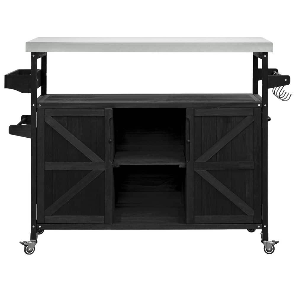 Farmhouse Black Wood Rolling Outdoor Bar Cart Kitchen Island with Stainless