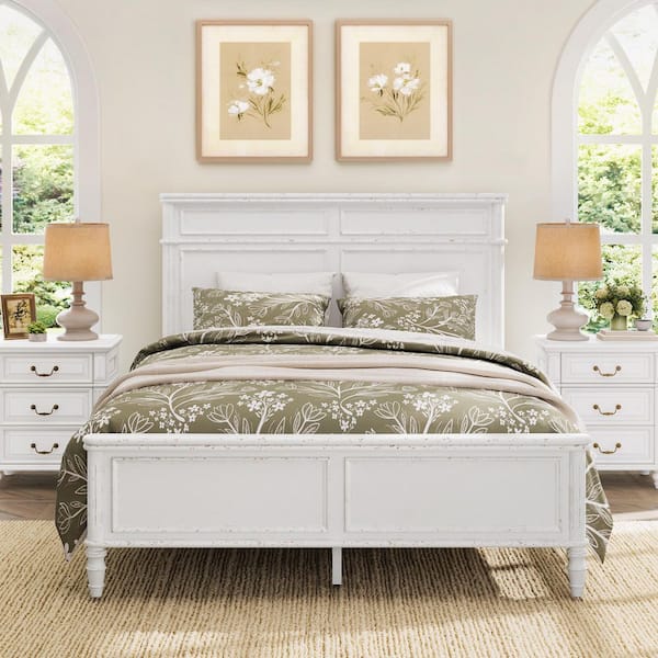 OrangeOne Atila Distressed White Modern Crown Molding Solid Wood Frame Queen Size Platform Bed with Headboard