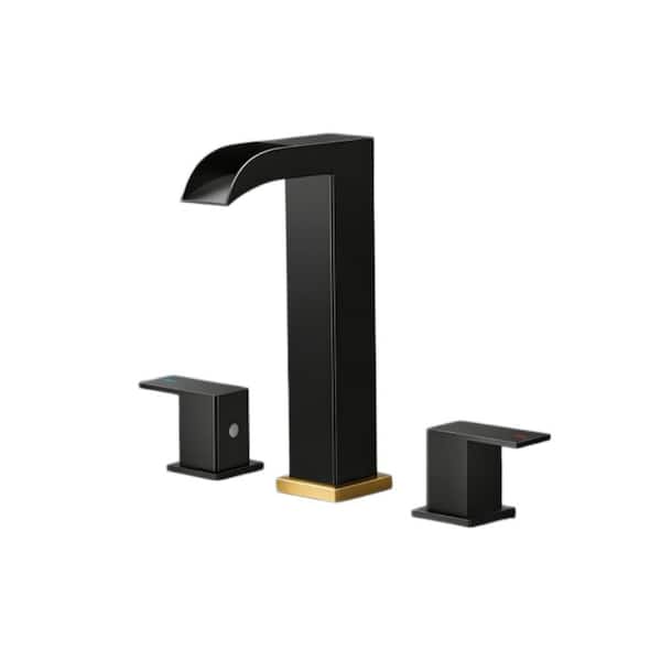 8 in. Square Waterfall Bathroom Faucets 3 Hole with Metal Drain, Supply Lines and Handles, Widespread, Matte Black